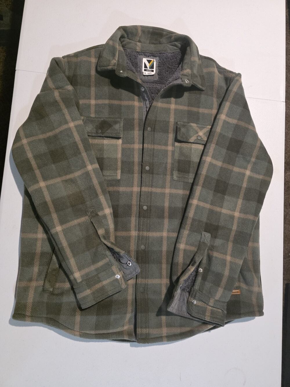 Voyager Men Remote Fleece Shirt Green Olive Sz Large Shacket Plaid Sherpa Lined